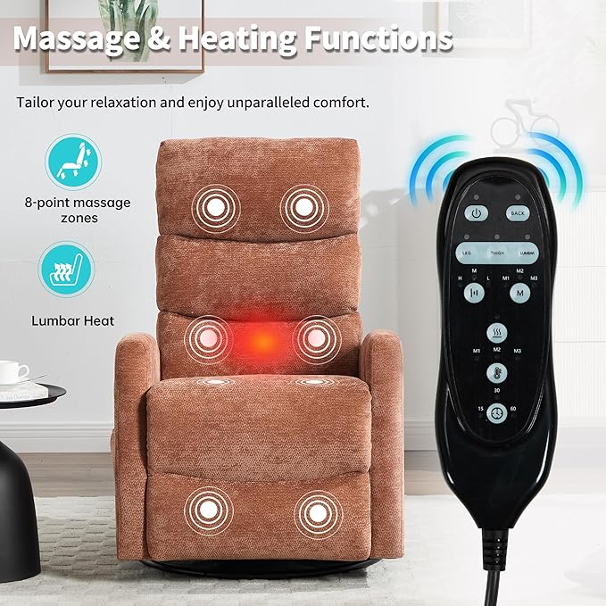 Manual Swivel Rocker Recliner Chair for Adults, Overstuffed Reclining Glider Chair for Nursing with Vibration Massage & Heat, Living Room Rocking Recliner 3-Stage backrest, Chenille Fabric Orange-Ruum Studio Home