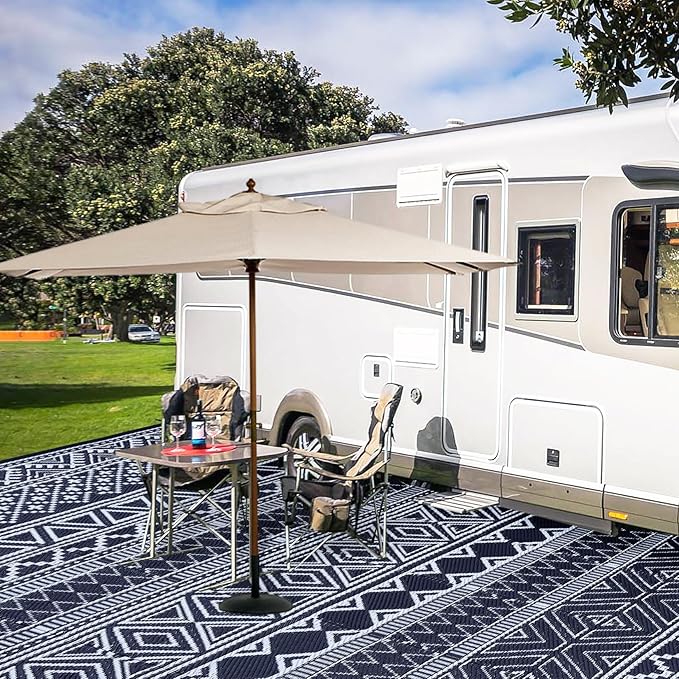 GAOMON Outdoor Rug Waterproof 8'x10', Reversible Outdoor Plastic Straw Rug, Boho Patio Rug, Indoor Outdoor Carpet, RV Mat Outside for Patio, Camp, Picnic, Balcony, Deck, Dark Blue/White(Bohemia)-Ruum Studio Home