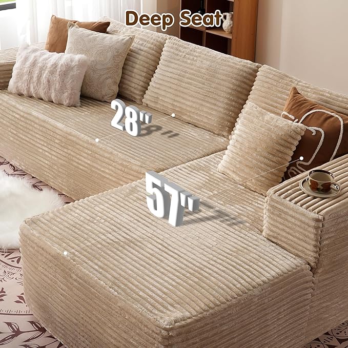 ovios 104" Cloud Sectional Couch with L-Shape Chaise,Modern Modular Sofa with Deep Seat, Upholstered Couches for Living Room Bedroom,No Assembly Required, Beige (Plush Corduroy Fabric)-Ruum Studio Home