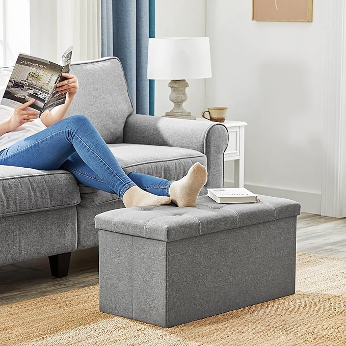 SONGMICS MAZIE Collection - 30 Inches Ottoman Storage Bench, 21 Gal. Folding Chest with Breathable Linen-Look Fabric, Load up to 660 lb, for Entryway, Living Room, Bedroom, Light Gray ULSF001G02-Ruum Studio Home
