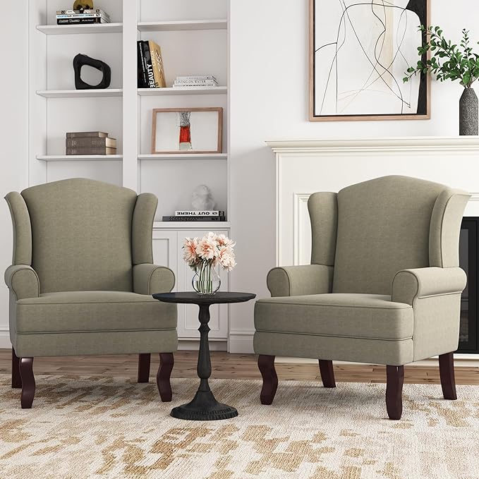 Accent Chair, High Back Upholstered Armchair with High Resilience Sponge & Wood Legs, Mid-Century Modern Comfy Single Sofa Reading Chairs for Living Room, Bedroom (Light Camel, Set of 2)-Ruum Studio Home