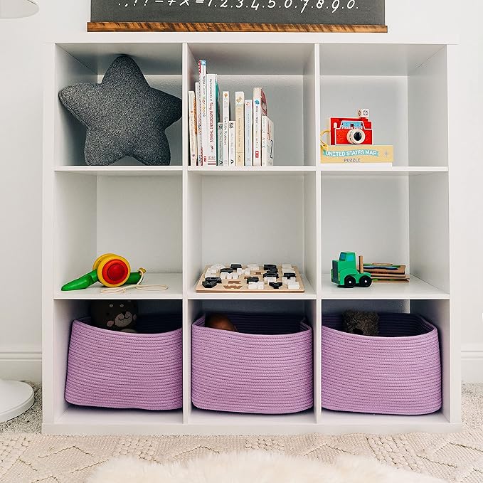 OrganiHaus Woven Storage Baskets for Organizing, Cotton Rope Organizer Bins for Shelves, Closet & Nursery, Dog Toy Basket, Decorative Bins for Toys, Towels & Books - 15x10x9, Purple-Ruum Studio Home