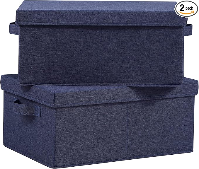HOONEX Foldable Storage Bins with Lids, Pack of 2, Storage Boxes with 2 Carrying Handles and Heavy Cardboard, 16.5" L x 11.8" W x 7.5" H for Shoes, Clothes, Blue-Ruum Studio Home