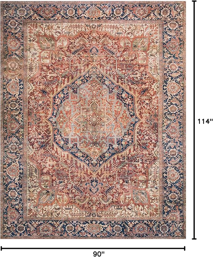 Loloi Layla Collection LAY-08 Red/Navy 7'-6" x 9'-6" .13" Thick Area Rug, Soft, Durable, Vintage Inspired, Distressed, Low Pile, Non-Shedding, Easy Clean, Printed, Living Room Rug-Ruum Studio Home