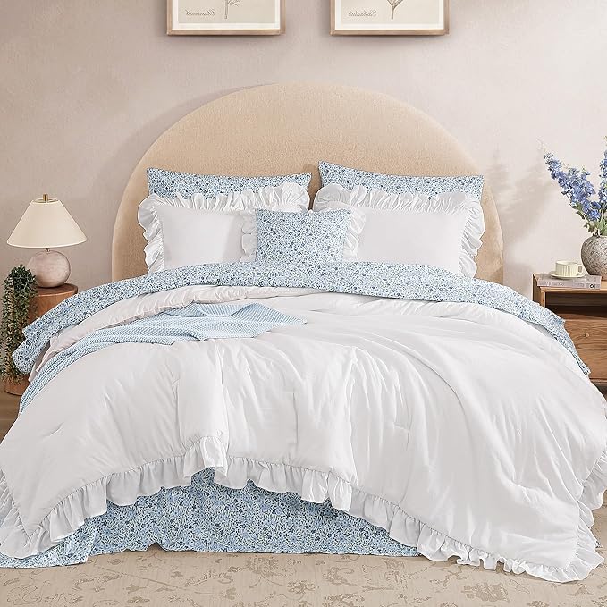 Full Comforter Set - 7 Pieces Ruffle White Bedding Sets, Shabby Chic Farmhouse Bed in a Bag Full with Ruffle Comforter, Floral Sheets, Pillowcases & Shams-Ruum Studio Home