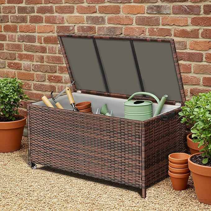 HOMREST Large Deck Box, Outdoor Wicker Storage Container with 70 Gallon, Patio Rattan Furniture for Garden Tools, Pillows, Pool, Brown-Ruum Studio Home