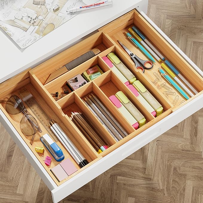 BAMEOS 3" Deepth Expandable Drawer Organizer, Deep Flatware Organizer, Adjustable Silverware Organizer, Bamboo Drawer Organizer for Kitchen, Bathroom (Natural)-Ruum Studio Home