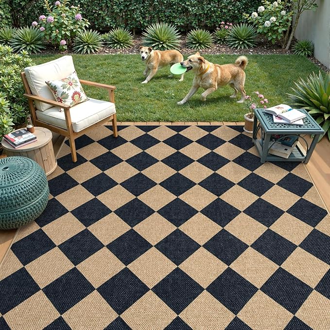 Lahome Checkered Easy Jute Outdoor Rug, Large 6x9 Rug for Living Room Checkerboard Indoor Outdoor Carpet, Farmhouse Patio Office Mat Geometric Non Slip Black Carpet for Backyard Dining Room-Ruum Studio Home