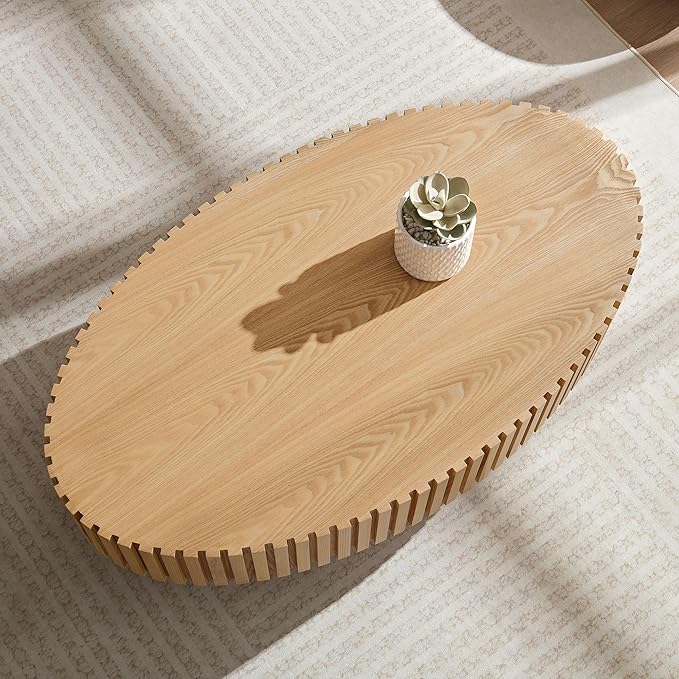 Oval Coffee Table for Living Room, Modern Fluted Coffee Tables with Pedestal Base, Handcrafted Centre Tea Tables Easy Assembly-43.7" Natural-Ruum Studio Home