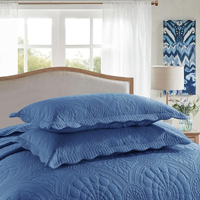 MarCielo 3-Piece 100% Cotton Oversized Bedspread Lightweight Quilt Coverlet Embroidery Farmhouse Bedding Set (Tf Midtone Blue, Oversized Queen (100"x106"))-Ruum Studio Home