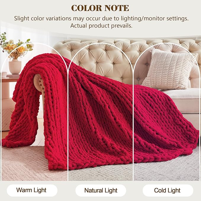 Carriediosa Chunky Knit Throw Blanket 60" X 80" Twin, 100% Hand Made Large Chenille Loop Yarn Soft Fluffy Throws for Couch Sofa Bed, Big Crochet Cozy Heavy Thick Cable Woven Blankets, Red-Ruum Studio Home