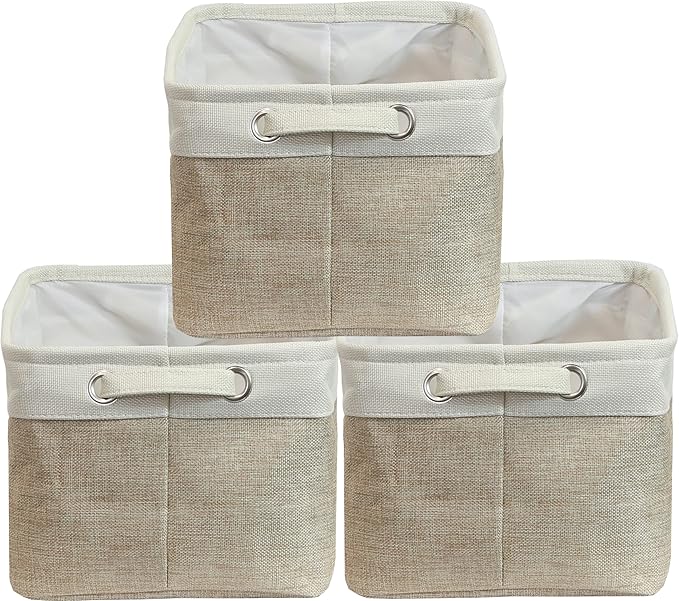 SIMPLE HOUSEWARE Large Fabric Storage Bin, 14.4" x 10" with Handles, 3-Pack, Foldable Organizer for Closet and Shelf, Beige-Ruum Studio Home