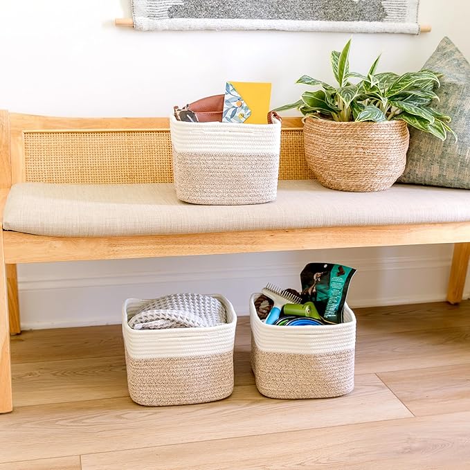 NaturalCozy Storage Cubes 9”x9”x7”Cotton Rope Woven Baskets for Organizing 3-Pack | 9 Inch Cube Storage Bin | Small Basket for Shelf Nursery, Pantry, Decorative Plant, Bathroom Closet, Toy Gift-Ruum Studio Home