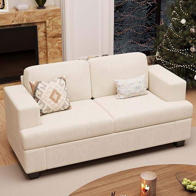 Sofa, 63” Comfy Loveseat Sofa Couch with Deep Seats, Couch for Living Room, Modern Sleeper Sofa, Beige Chenille-Ruum Studio Home