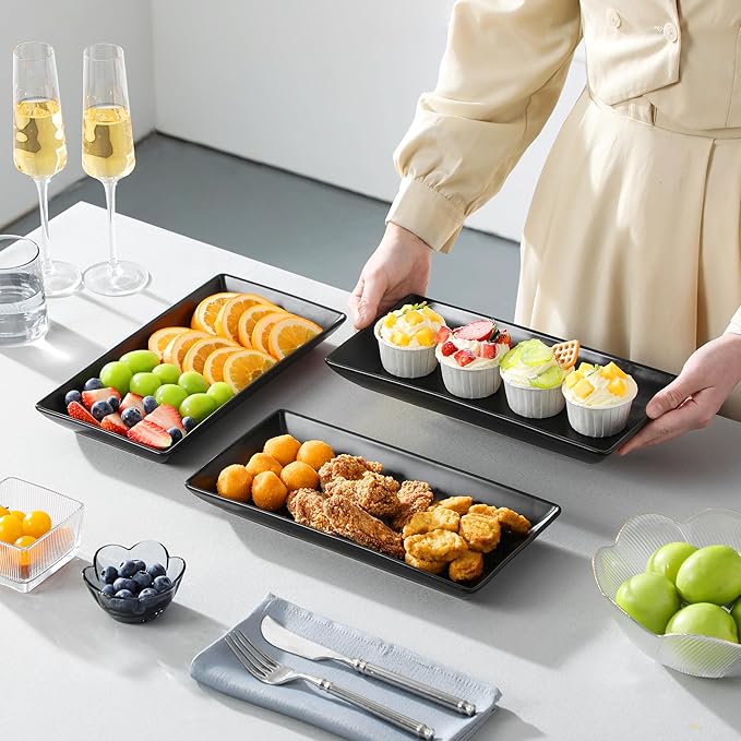 MALACASA 3 Tier Serving Trays for Party, 12 Inch Porcelain Black Trays for Serving Food, Dessert Stand with Collapsible Gold Metal Rack-Ruum Studio Home