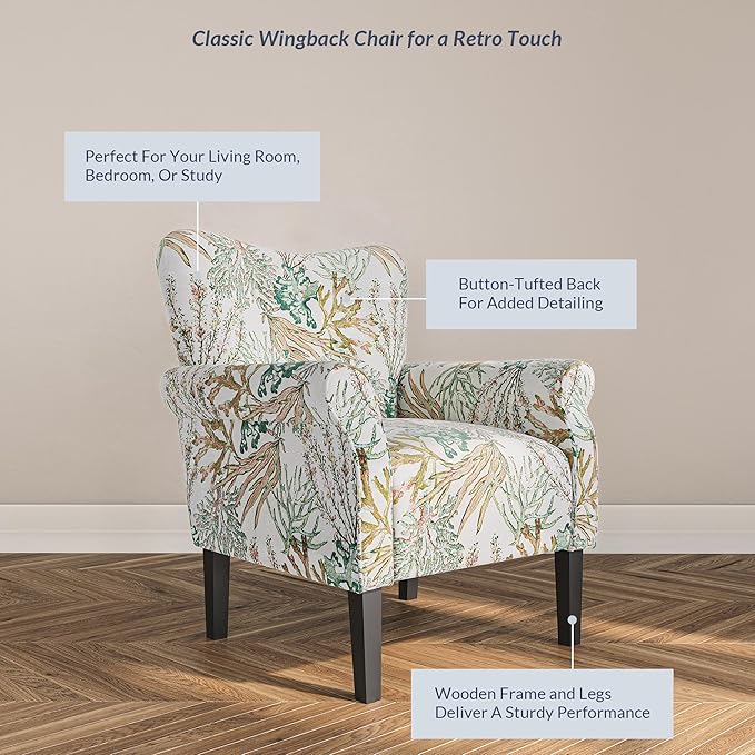 BELLEZE Modern Accent Chair for Living Room, High Back Linen Armchair with Wooden Legs, Upholstered Wingback Side Chair Padded Armrest Single Sofa for Living Room, Bedroom - Allston (Green Coral)-Ruum Studio Home