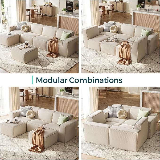 LINSY HOME Modular Sectional Sofa, 105" Boneless Couch L Shaped 3-Seat Sofa with Movable Ottoman, Corduroy Sectional Cloud Couches for Living Room, No Assembly Required, Beige-Ruum Studio Home