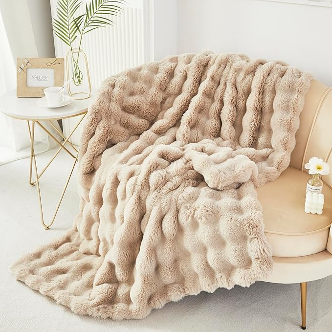 RYNGHIPY Faux Fur Blanket for Couch Fluffy Warm Throw Blanket for Sofa Bed Thick Furry Bubble Blanket (Camel, 51''x63'')-Ruum Studio Home