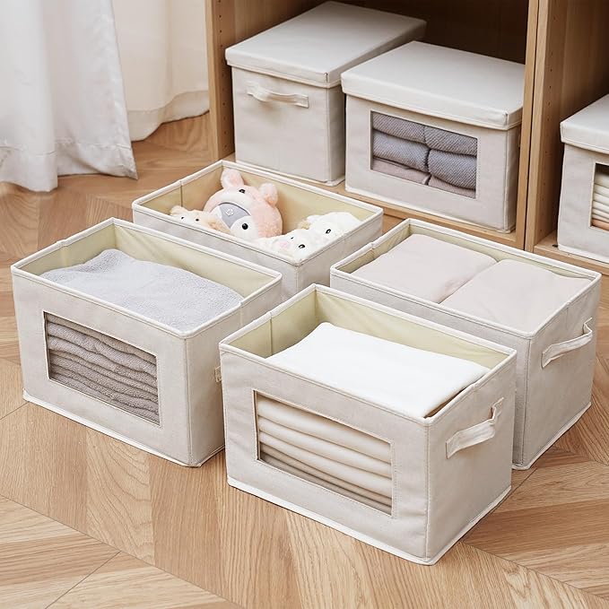 Citylife 3 Pack Storage Bins with Lids, Fabric Foldable Storage Bins with Soft Cord Handles, Canvas Storage Bin with Lid for Organizing Clothes, Blankets and Books, Beige-Ruum Studio Home