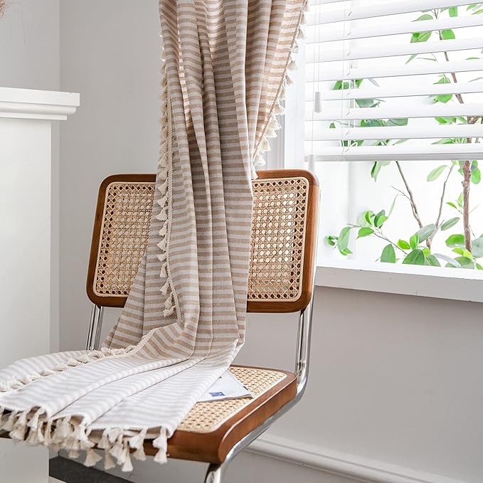 Sutuo Home Boho Curtain 84 Inches Length, Beige Stripes Print Curtain with Handmade Tassels, Rod Pocket Window Treatment Vintage Rustic Bohemian Farmhouse Drape for Bedroom 1 Panel 59" W x 84" L-Ruum Studio Home