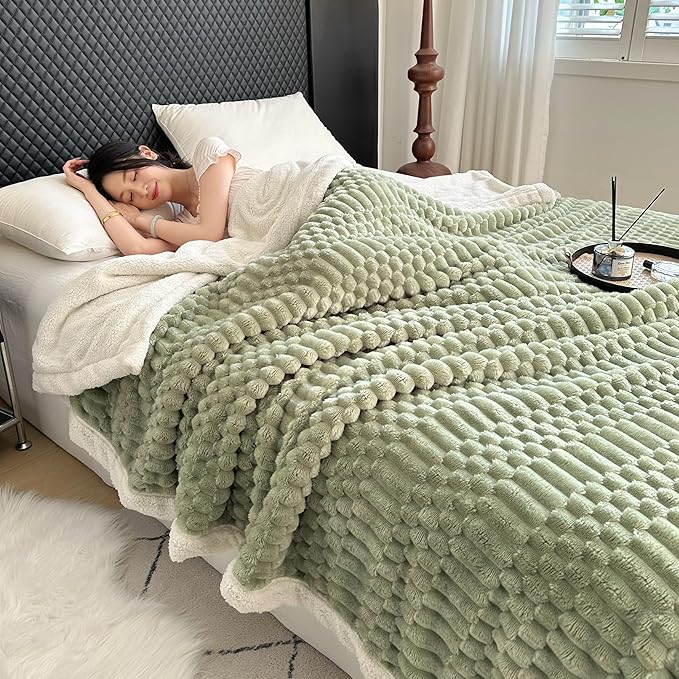 UKELER Sherpa Bed Blanket 80 × 90 inch, Ultra Soft Queen Size Throw Blanket for All Season, 470 GSM Cozy Plush Striped Fleece Blankets for Bedroom Living Room Dorm Hostel Sofa Camping, Green-Ruum Studio Home