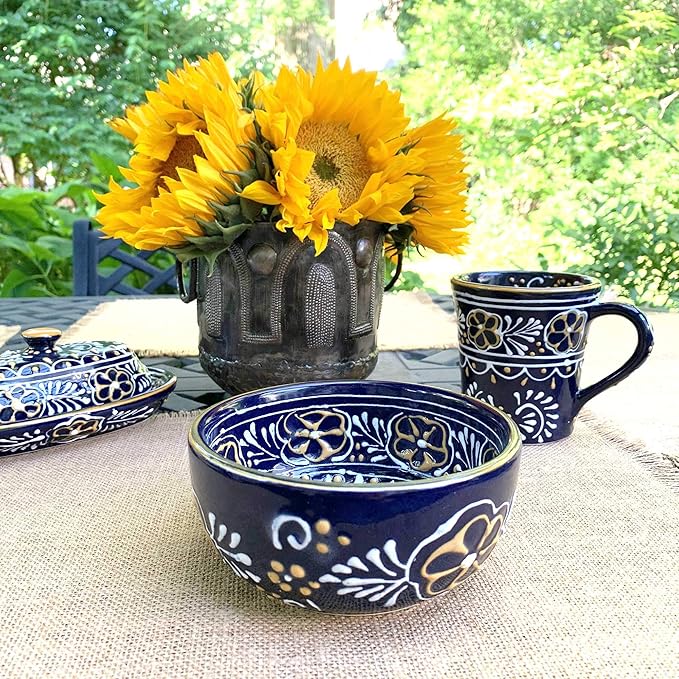 Encantada Handmade Hand-Painted Authentic Mexican Pottery Mugs (2-Pack, Blue Helecho)-Ruum Studio Home