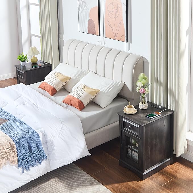 Farmhouse XXL End Table with Charging Station, Side Table with USB Ports and Outlets, Nightstand with Drawer and Glass Door Storage, Grey Bedside Tables for Living Room, Bedroom, Office-Ruum Studio Home