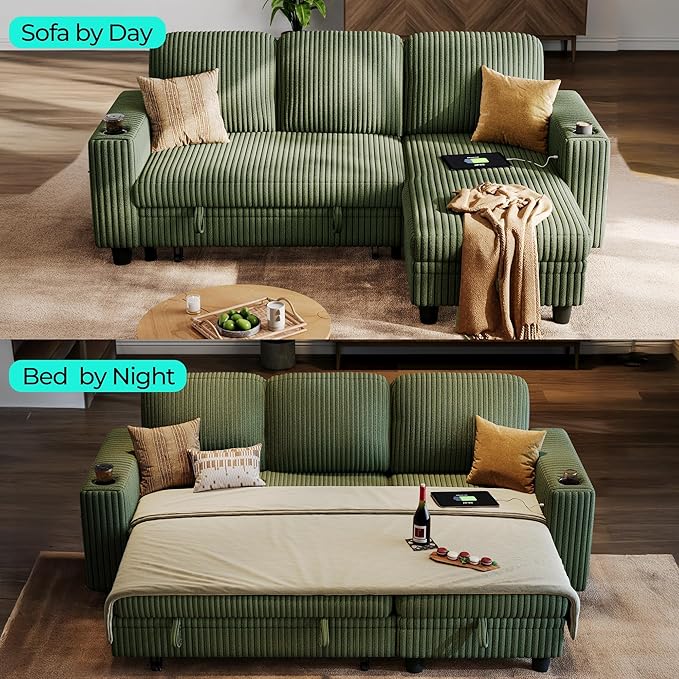 LINSY HOME Sectional Sleeper Sofa with Pull Out Couch Bed Convertible Plush Corduroy Cloud Couch with Storage Chaise & USB Charging, Comfy L Shaped Modular Couches for Living Room Apartment (Green)-Ruum Studio Home