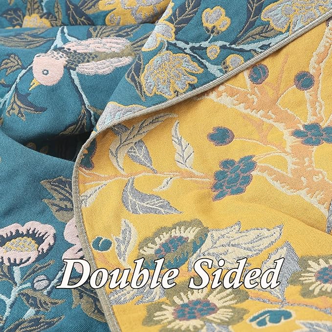 Snycler Boho Throw Blanket for Bed - 100% Cotton Ultra Soft Rustic Quilt Blanket Green Bird Floral Printed Farmhouse Decor Bed Blankets, 80"×90" All Season Rustic Throw for Sofa Couch Chair-Ruum Studio Home