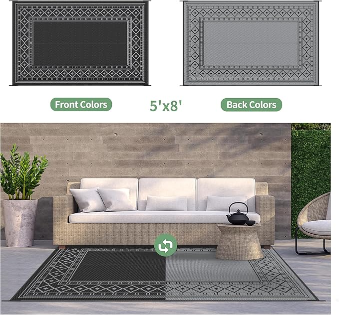 GENIMO Outdoor Rug 5'x8' Waterproof for Patio Decor, Reversible Outdoor Plastic Straw Rug Carpet, Camping Mats for Outdoor, RV, Backyard, Deck, Balcony, Picnic, Black & Grey-Ruum Studio Home