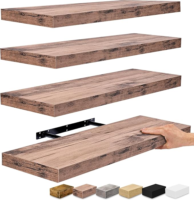 Sorbus Floating Shelves for Wall - 24" Bathroom Shelves, Wall Decor for Bedroom, Kitchen, Living Room, Home Decor & Book Storage - Mounted Floating Shelf with Invisible Brackets (Mahogany, 4 Pack)-Ruum Studio Home