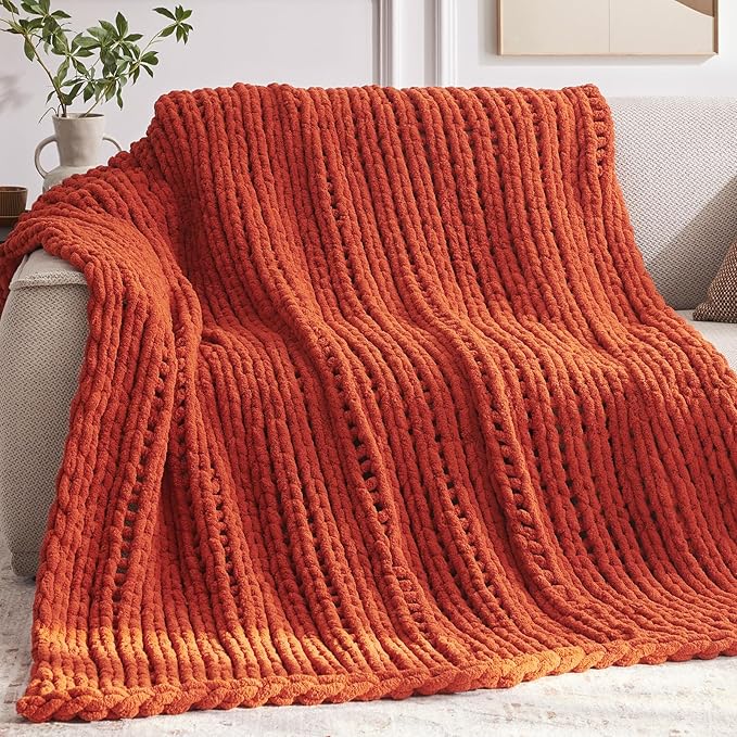 Chunky Knit Throw Blanket, 50''*60'' Fall Throw Blanket Knitted Chenille Yarn for Bed Couch, Handmade Orange Crochet Big Thick Blanket, Machine Washable Cute Comfy Blankets for Home Decor-Ruum Studio Home