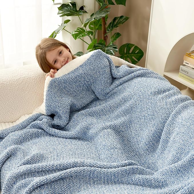 Snuggle Sac Blue Throw Blankets for Couch, Reversible Super Soft Warm Blankets Cozy Knit Blanket Fuzzy Plush Throws for Sofa, Bed, Gift, Heather Blue, 50 x 60 inches-Ruum Studio Home