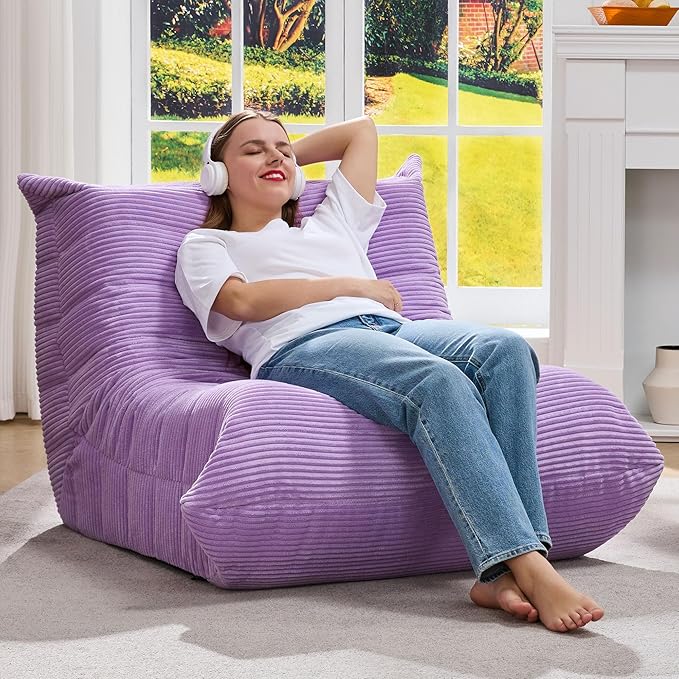 Bean Bag Chairs for Adults Giant Bean Bag Chair Memory Foam BeanBag Chair Big Bean Bag Sofa with Filler Faux Fur Fireside Beanbags Lazy Sofa for Living Room Bedroom Dorm Office (Purple Corduroy)-Ruum Studio Home