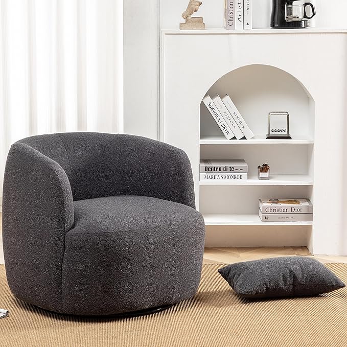 KINWELL 34" Wide Boucle Swivel Barrel Chair, No Assembly Round Upholstered Armchair Accent Chair Single Sofa Chair with Toss Pillow for Living Room and Bedroom, Dark Grey-Ruum Studio Home