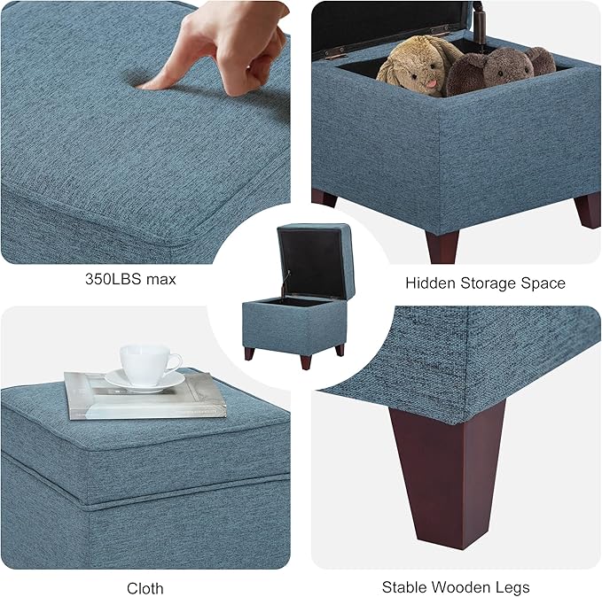 Adeco 17" Square Ottoman with Storage, Small Blue Storage Ottoman Foot Rest with Hinged Lid & Solid Wood Legs, Linen Fabric Foot Stool for Living Room & Bedroom-Ruum Studio Home