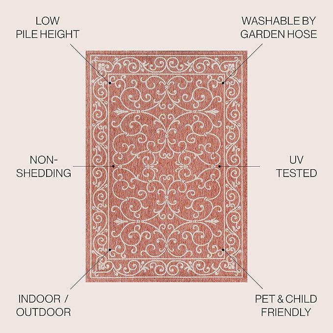 JONATHAN Y Vintage Filigree Indoor Outdoor Square Area Rug 5X5 Red/Beige, Charleston Textured Weave for Backyard, Patio, Porch, Easy-Cleaning, High Traffic, Pet-Friendly, Non-Shedding (SMB106B-5SQ)-Ruum Studio Home