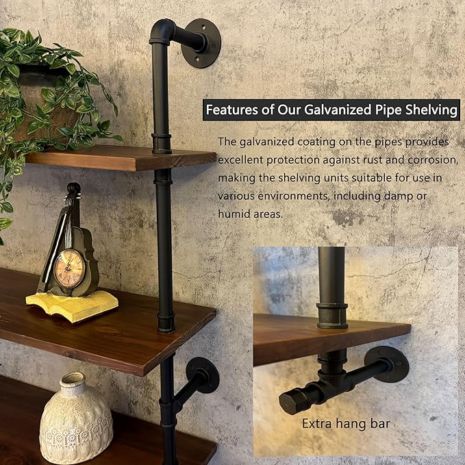 Industrial Pipe Wall Shelves Pipe Shelving with Real Wood Plank ,48 Inches Floating Shelves for Wall Farmhouse Pipe Book Shelves Dark Brown 5 Tier for Kitchen,Living Room Decor and Bar Shelving-Ruum Studio Home