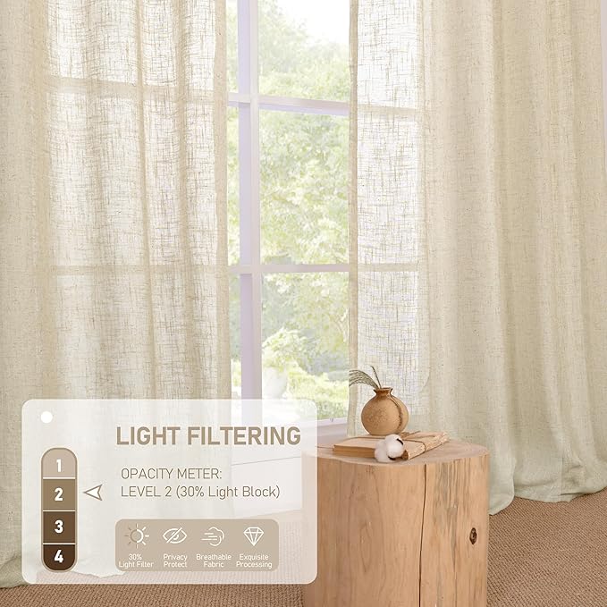 LAMIT Natural Linen Semi Sheer Curtains 63 Inch for Bedroom, Light Filtering Curtains Farmhouse Boho Bronze Grommet Drapes for Dining Room, 2 Panels (38 x 63 Inch, Linen)-Ruum Studio Home