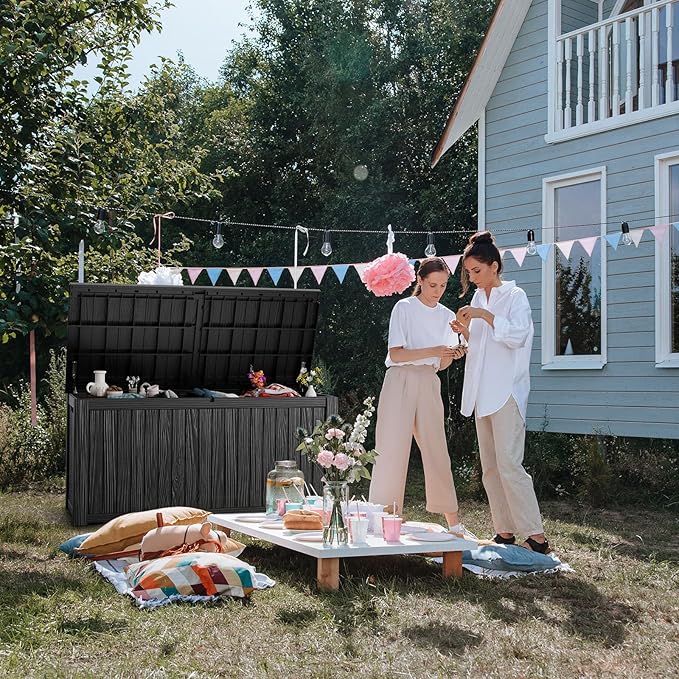 180 Gallon Deck Box,Resin Outdoor Storage Box with Lockable for Patio Furniture, Pool Accessories, Garden Tools Waterproof Outside Storage Box, Black-Ruum Studio Home