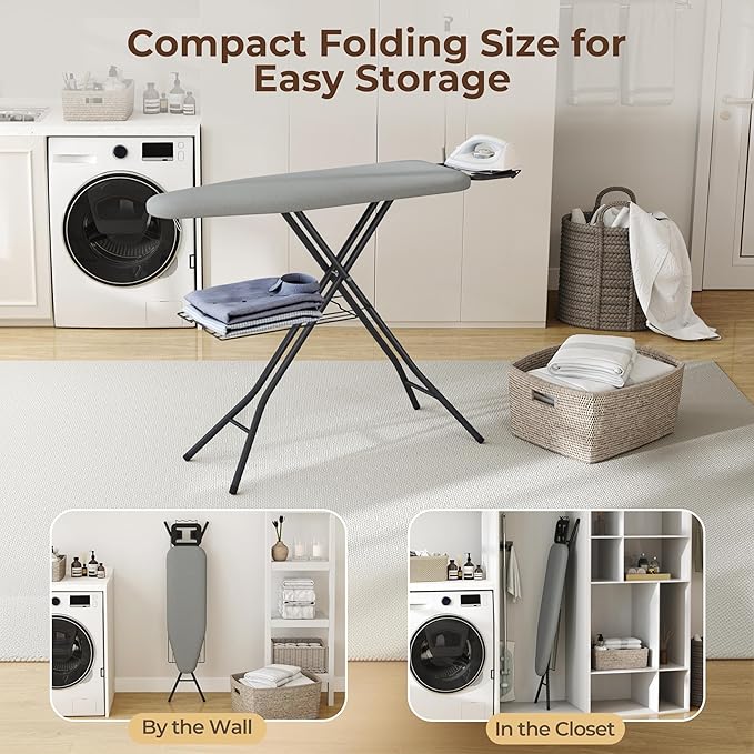 Yaheetech Ironing Board, Compact Iron Board with Cord Holder, Steam Iron Rest and Bottom Storage Tray, 9 Adjustable Heights & 3 Layer Cover, Folding Heavy Duty Ironing Board 52X14, Gray-Ruum Studio Home