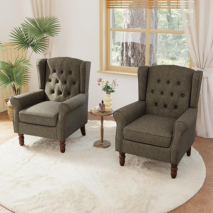 Lumibee High Back Accent Chair Set of 2,Upholstered Wingback Armchair with Solid Wood Legs for Small Spaces,Comfy Single Sofa Chair for Living Room,Bedroom,Office-Taupe-Ruum Studio Home