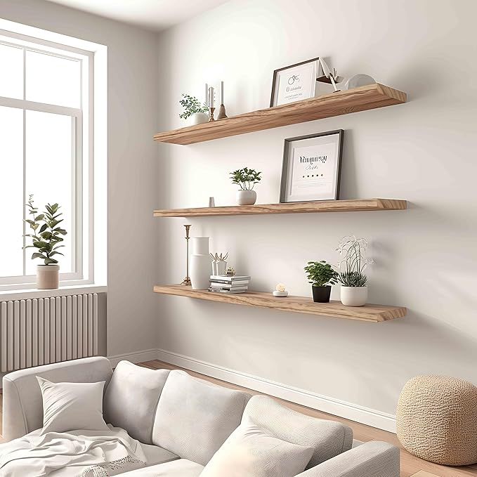 Wood Floating Shelves for Wall Decor, Rustic Wall Shelves for Bedroom Bathroom Kitchen Living Room, Set of 4 Light Walnut 48 Inch-Ruum Studio Home