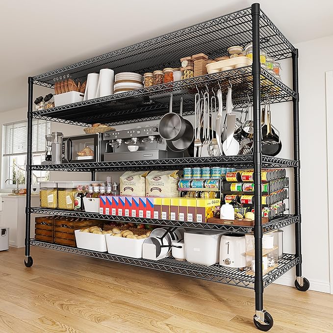REIBII 85.7"H Storage Shelves 2998LBS Metal Shelving Units with Wheels&Feet, 5 Tier Garage Shelving Heavy Duty Adjustable Wire Shelf for Pantry Garage Commercial Industrials, 85.7"H X 55.5"W X 24.2"D-Ruum Studio Home