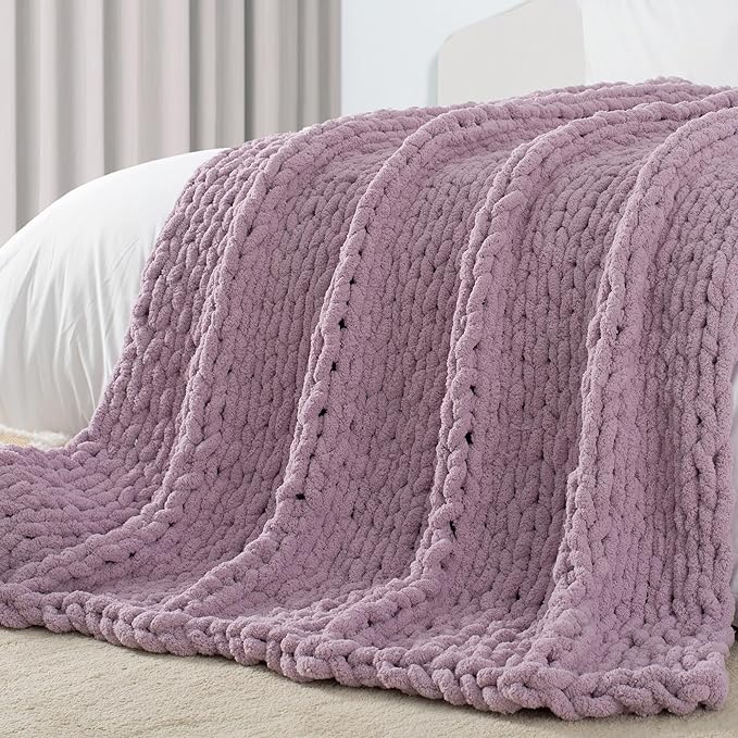 Carriediosa Chunky Knit Throw Blanket 60" X 80" Twin, 100% Hand Made Large Chenille Loop Yarn Soft Fluffy Throws for Couch Sofa Bed, Big Crochet Cozy Heavy Thick Cable Woven Blankets, Purple-Ruum Studio Home