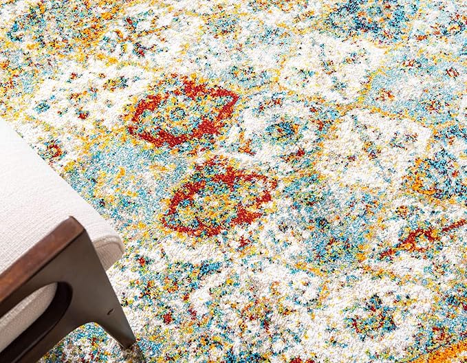 Unique Loom Rosso Collection Vintage, Traditional, Bohemian, Geometric, Distressed, Southwestern Area Rug, 8' 0" x 8' 0", Beige/Orange-Ruum Studio Home