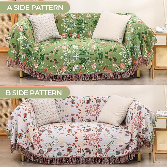 Boho Throw Blanket 80"x90", 100% Cotton Ultra Soft Luxury Throw for Couch and Sofa Blankets Home Decor, All Season Florals and Animals Throw Reversible Breathable Cozy Blankets-Ruum Studio Home