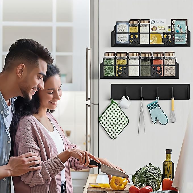 3 Pack Moveable No Drilling Heavy Magnet Spice Rack for Refrigerator Organizers and Storage,Space Saving Kitchen Organization with Magnetic Hooks,Owl Kitchen & Home Decor(Black)-Ruum Studio Home