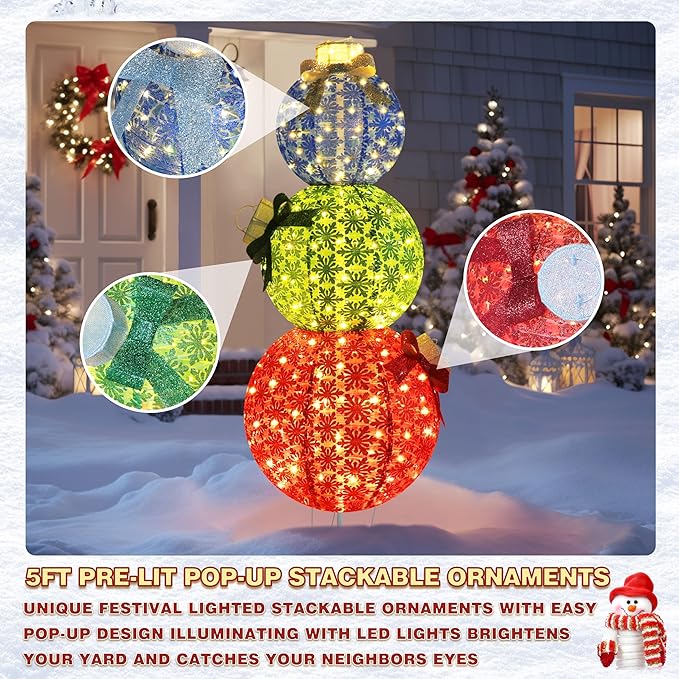 5FT Lighted Pop Up Stackable Ornaments for Christmas Decoration, 3D Pre-Lit Decor with 210 LED Lights with Easy Pop-Up Design, Freestanding Glittered Holiday Display for Outdoor, Indoor-Ruum Studio Home