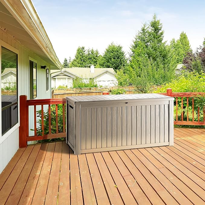 270 Gallon Lockable Resin Deck Box, Waterproof & UV-Resistant Outdoor Storage Box for Outdoor Cushion Storage, Garden Tools & Pool Accessories Storage, Gray-Ruum Studio Home